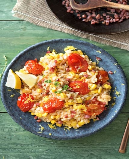 Oven-Baked Corn and Tomato Risotto with Pancetta and Parmesan