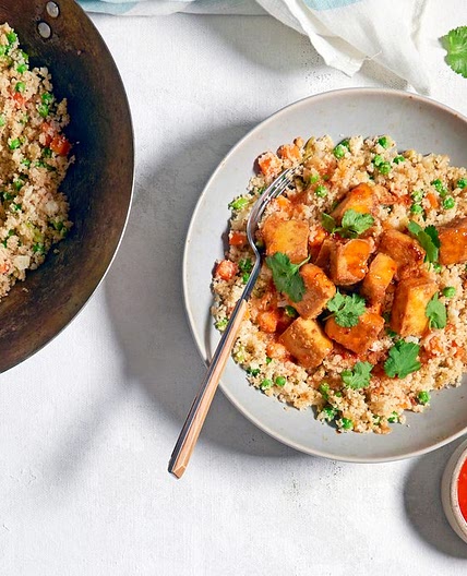 Cauliflower fried rice with crispy baked tofu