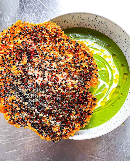 Broccoli Cheddar Soup With Cheddar Sesame Cracker