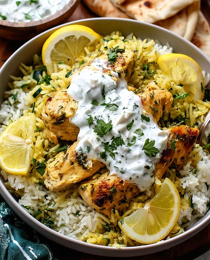 Dump and Bake Chicken Tzatziki with Rice
