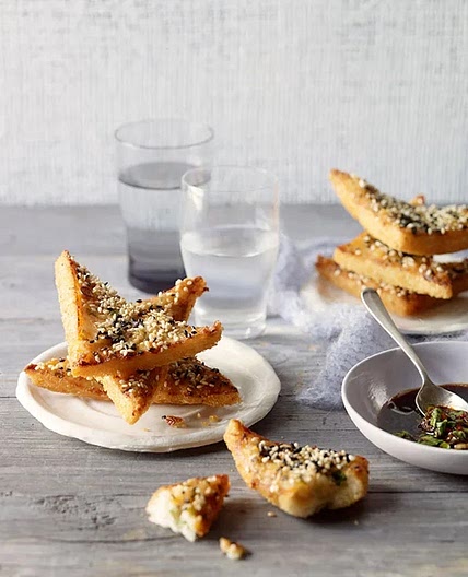 Prawn toasts with black vinegar and chilli dipping sauce
