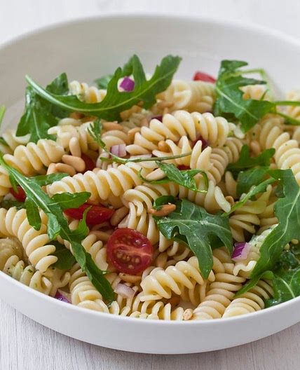 Pasta Salad with Tomatoes, Arugula, Pine Nuts and Herb Dressing
