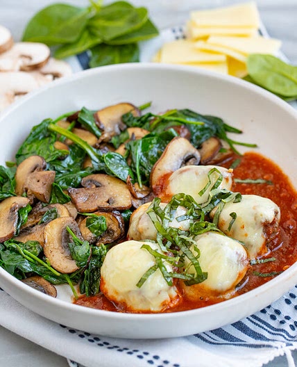Beef Meatballs with Melted Mozzarella, Basil & Spinach-Mushroom Sauté
