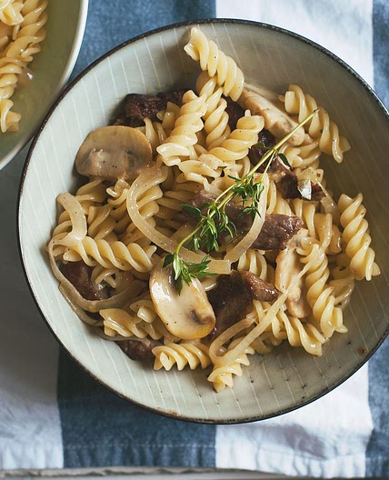 Pasta with beef and creamy mushrooms