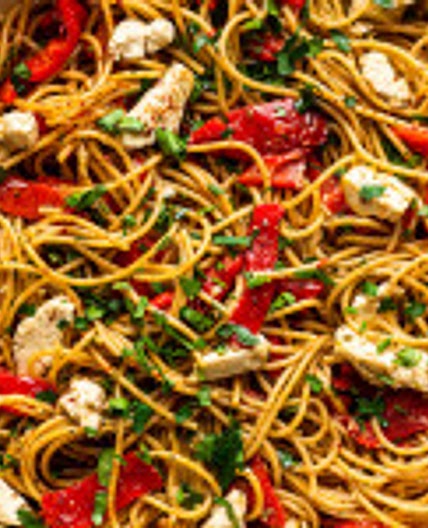 Roasted pepper pasta with vegan feta