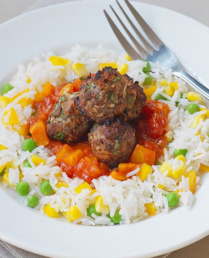 Sweet and sour meatballs with veggie rice