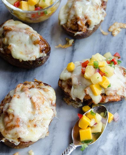 BBQ Chicken Stuffed Potato Skins with Pineapple and Mango Salsa