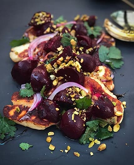 Roasted Beetroot Salad with Halloumi and Pomegranate Glaze