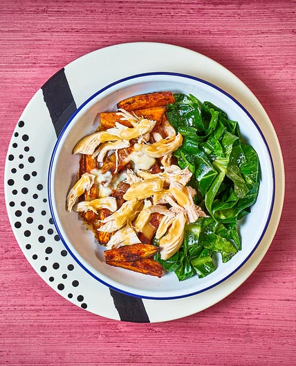 Chicken & Sweet Potato Poutine With Buttered Greens