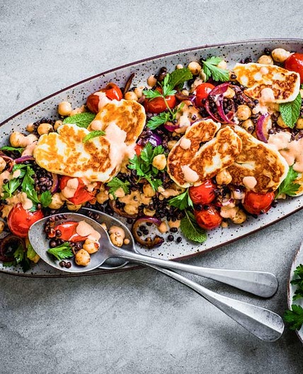 Spiced lentil and chickpea salad with halloumi
