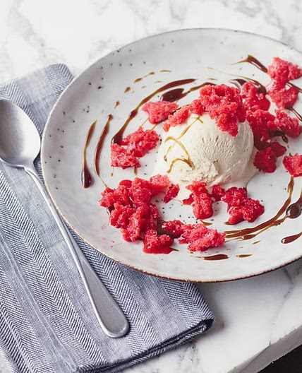 Raspberry granita with balsamic caramel