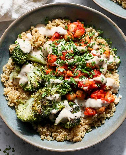 Chickpea and Broccoli Bowls with Creamy Garlic Sauce
