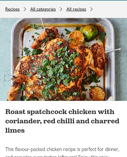 Roast spatchcock chicken with coriander, red chilli and charred limes