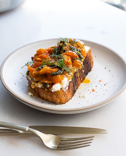 Chili Sungold Tomato Toast with Dill