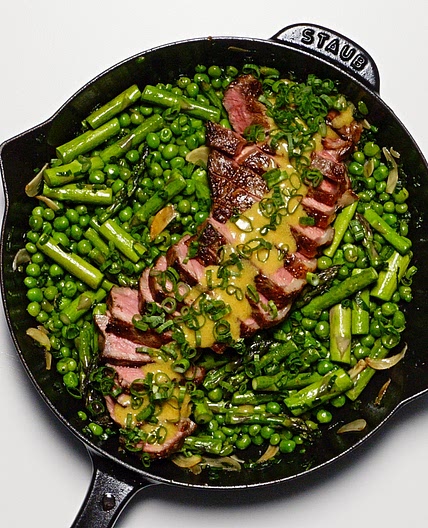 One-Skillet Steak and Spring Veg with Spicy Mustard