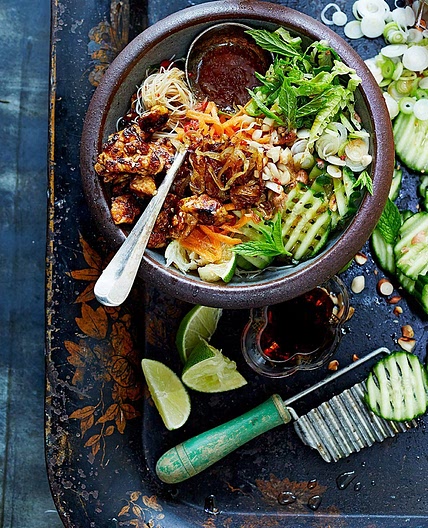 Vietnamese bun cha with sticky spicy tofu