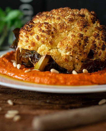 Whole Roasted Cauliflower with Roasted Red Pepper Sauce