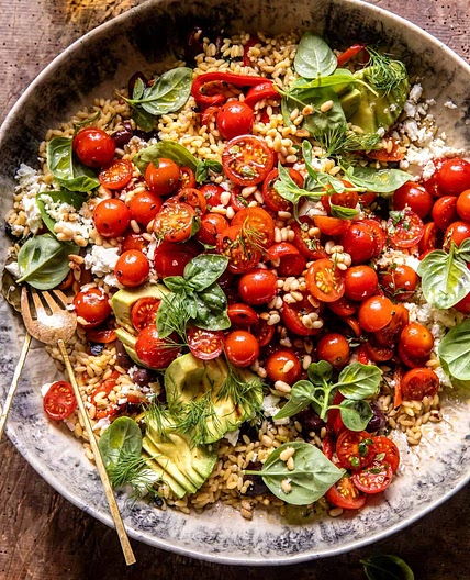 Greek Roasted Red Pepper Tomato Feta Orzo
