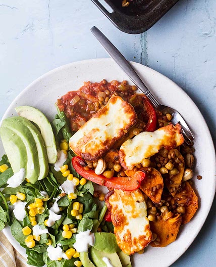 Cajun Halloumi & Sweet Potato Tray Bake