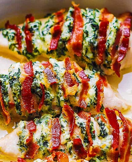 Hasselback Chicken with Bacon, Cream Cheese, and Spinach