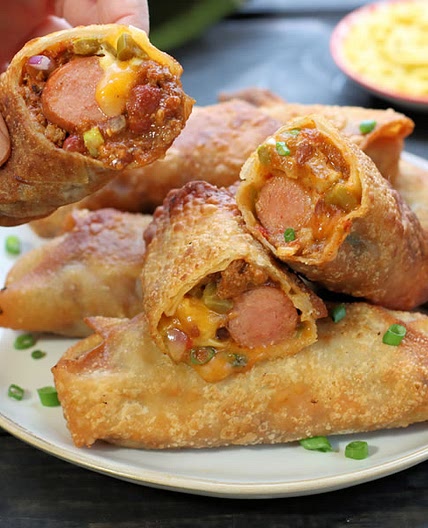 Chili Cheese Dog Egg Rolls (Fry, Air-Fry or Bake)