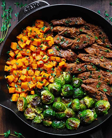 Garlic Butter Steak with Brussels Sprouts and Butternut Squash