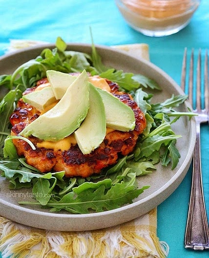 Naked Salmon Burgers with Sriracha Mayo