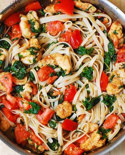 Shrimp Tomato Spinach Pasta in Garlic Butter Sauce