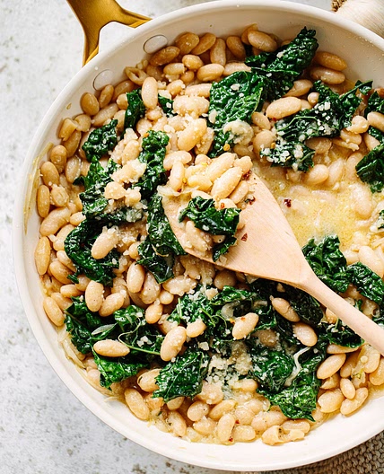 Creamy Skillet White Beans with Greens and Parmesan