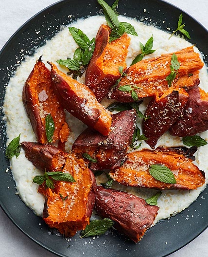 Roasted Sweet Potatoes with Chile Yogurt and Mint