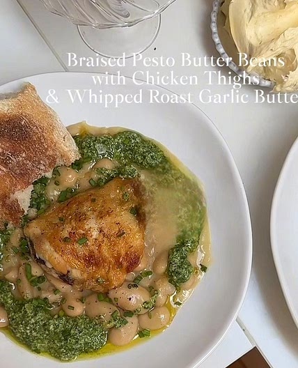 Braised Pesto Butter Beans with Crispy Chicken Thighs