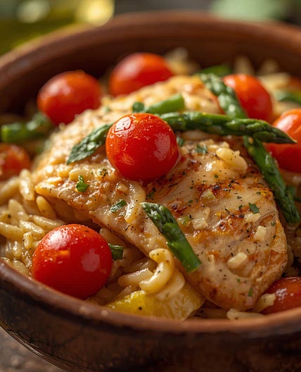 Lemon Chicken Orzo with Tomatoes and Asparagus Recipe