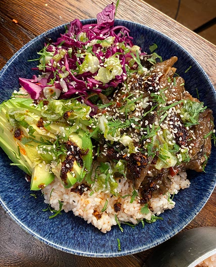 Sticky Aubergine Sesame Rice Bowl