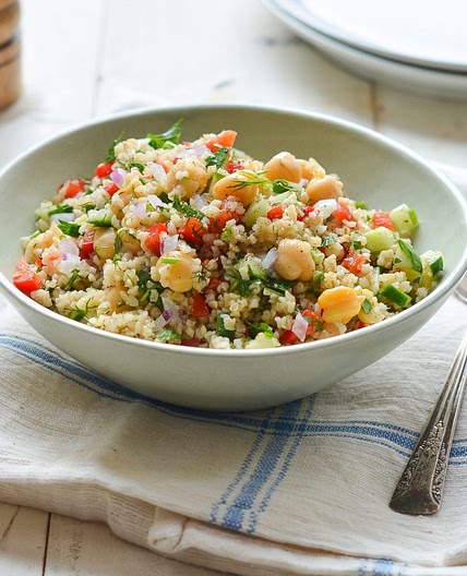 Bulgur Salad with Cucumbers, Red Peppers, Chick Peas, Lemon & Dill