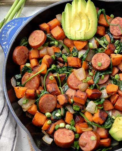 Sausage and Sweet Potato Paleo Egg-Free Breakfast Skillet: Whole30 and 15 Minutes