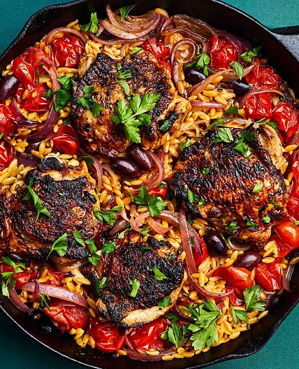 Skillet Chicken with Orzo & Tomatoes