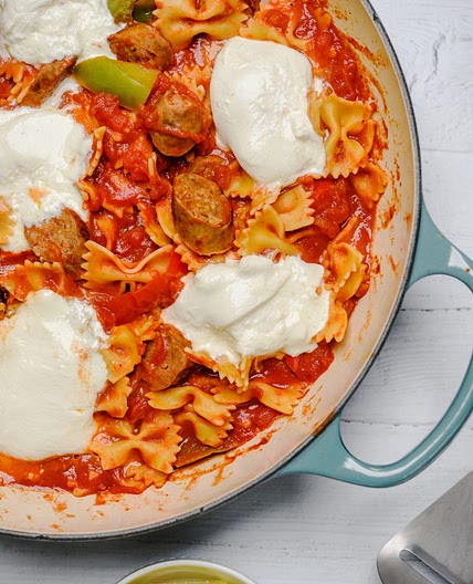 Peppers Sausage and Pasta with Burrata Cheese