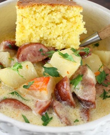 Slow Cooker Cheesy Smoked Sausage and Idaho Potato Soup