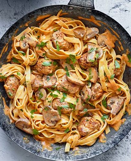 Speedy sausage stroganoff tagliatelle