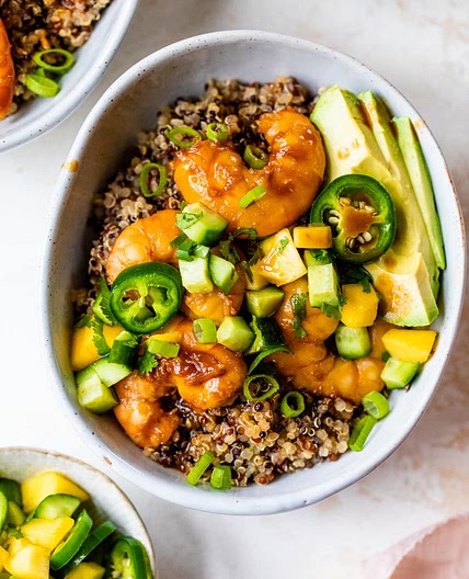 Teriyaki Shrimp Quinoa Bowls with Mango-Cucumber Salsa