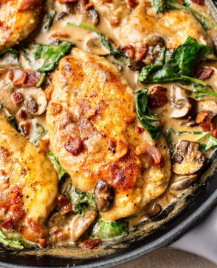 Creamy Balsamic Spinach Bacon Mushroom Chicken