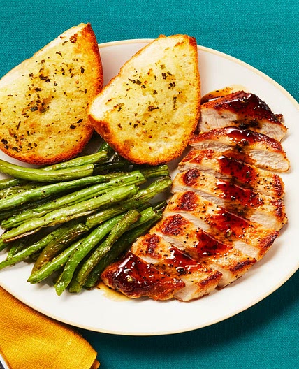 Balsamic Rosemary Pork Chops with Colavita Aged Balsamic Vinegar of Modena, Garlic Herb Toast & Roasted Green Beans