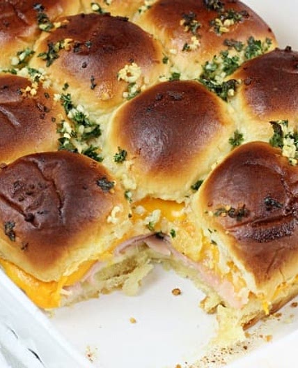 Ham and cheese sliders on Hawaiian rolls