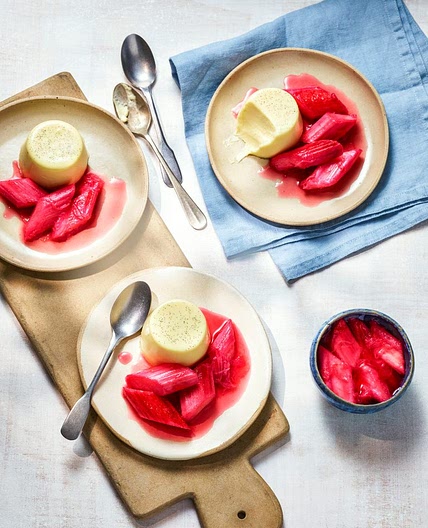 White chocolate panna cotta with stewed rhubarb