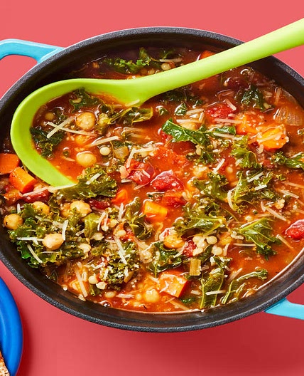 One-Pot Chickpea, Kale & Tomato Soup with Couscous, Parmesan & Garlic Ciabatta