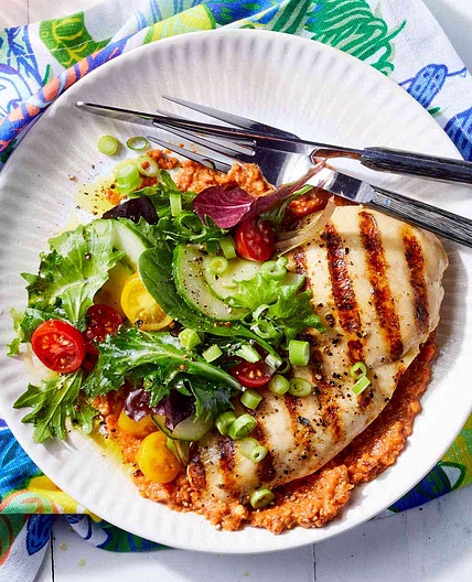 Grilled Chicken with Red Pepper–Pecan Romesco Sauce