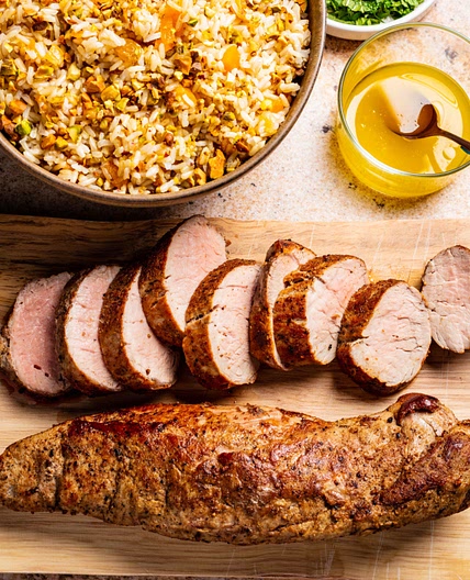 Spiced Pork Tenderloin and Brown Rice with Fruit and Pistachios