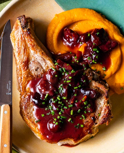 Pork Chops with Bourbon-Cherry Sauce and Sweet Potatoes