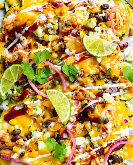 Cheesy BBQ Chicken Zucchini Nachos