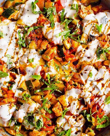 Caprese Chicken with Zucchini and Tomatoes Skillet